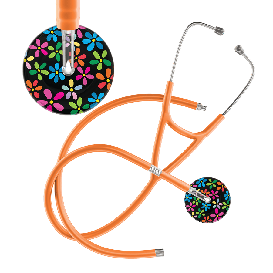 Ultrascope Single Stethoscope Black Flower Power / Adult / Orange Extended Tubing Dark Flower Power Cardiology Stethoscope