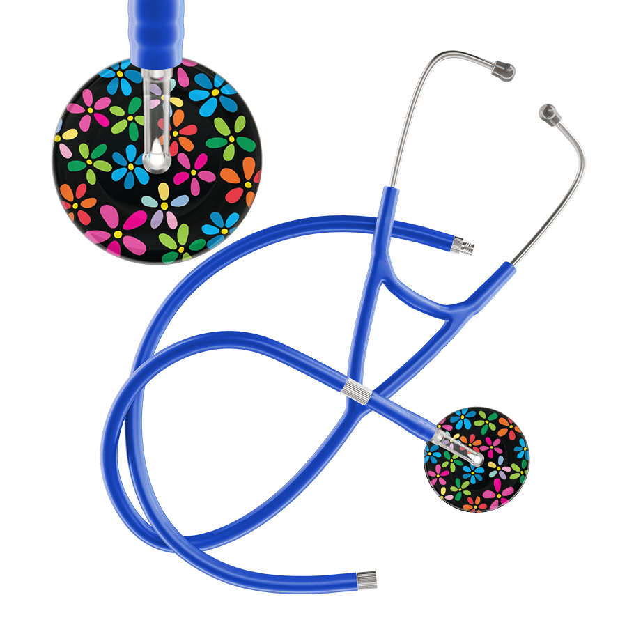 Ultrascope Single Stethoscope Black Flower Power / Adult / Royal Blue Extended Tubing Dark Flower Power Cardiology Stethoscope
