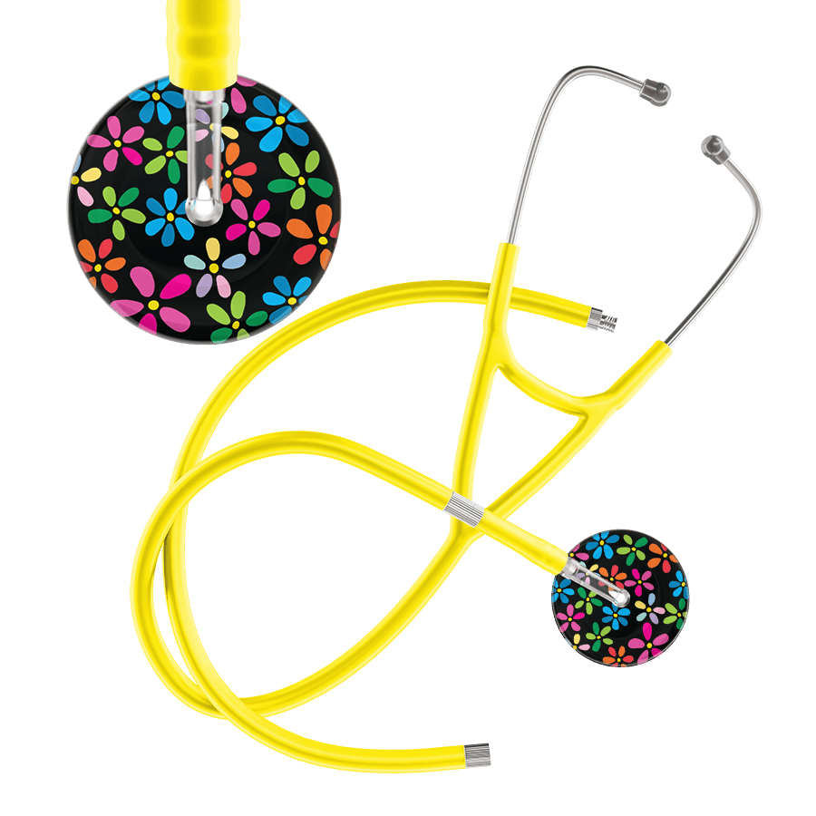 Ultrascope Single Stethoscope Black Flower Power / Adult / Yellow Extended Tubing Dark Flower Power Cardiology Stethoscope