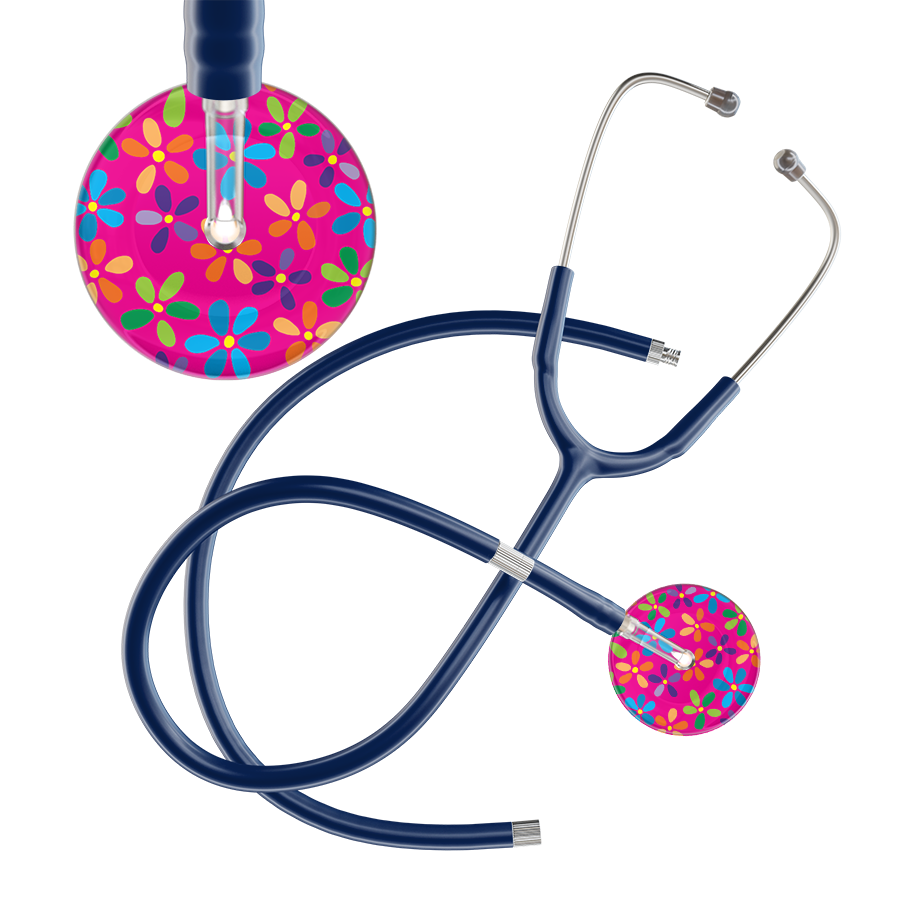Ultrascope Single Stethoscope Hot Pink Flower Power / Adult / Navy Extended Tubing Light Flower Power Stethoscope