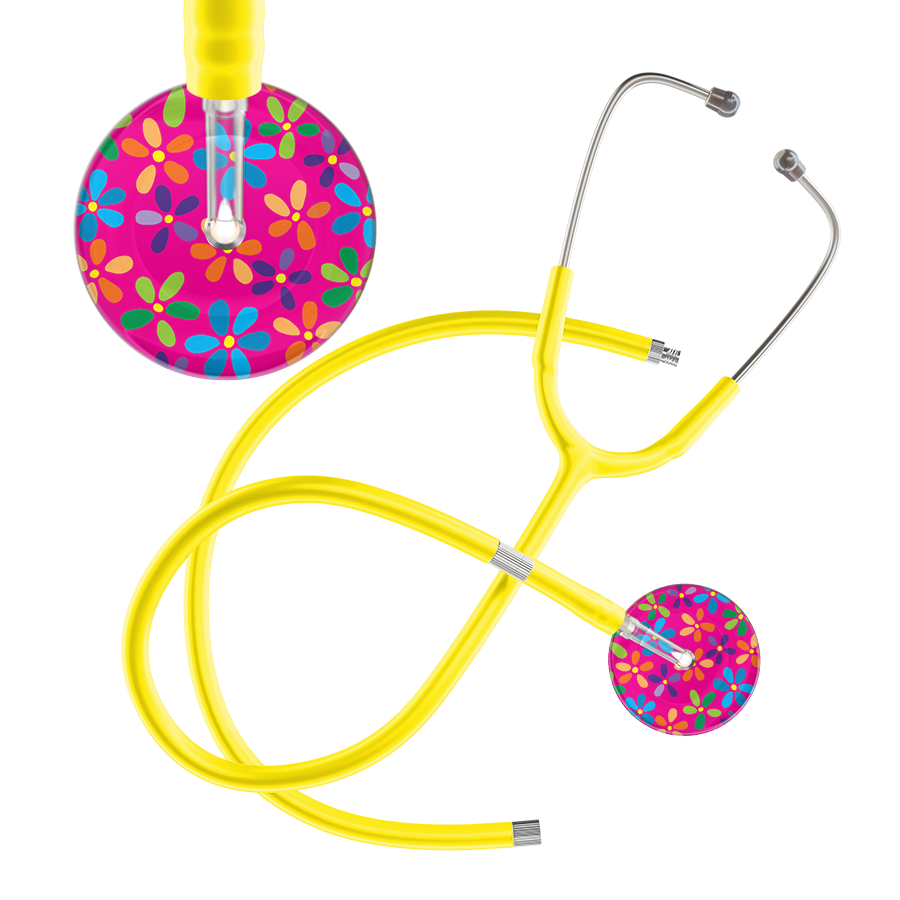 Ultrascope Single Stethoscope Hot Pink Flower Power / Adult / Yellow Extended Tubing Light Flower Power Stethoscope