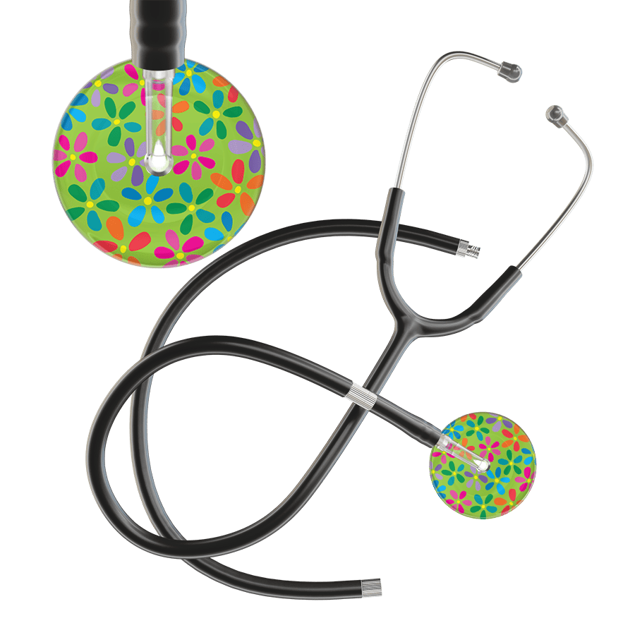 Ultrascope Single Stethoscope Lime Green Flower Power / Adult / Black Extended Tubing Light Flower Power Stethoscope