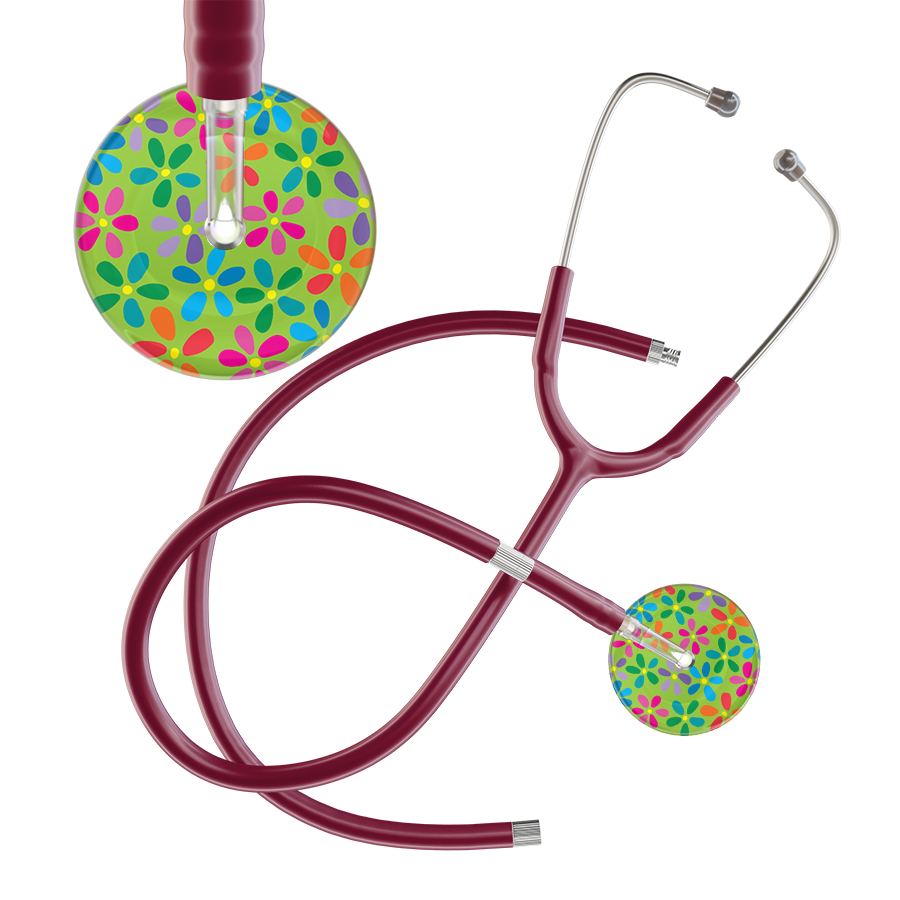Ultrascope Single Stethoscope Lime Green Flower Power / Adult / Burgundy Extended Tubing Light Flower Power Stethoscope