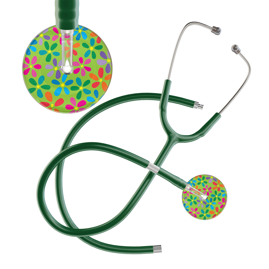 Ultrascope Single Stethoscope Lime Green Flower Power / Adult / Dark Green Extended Tubing Light Flower Power Stethoscope