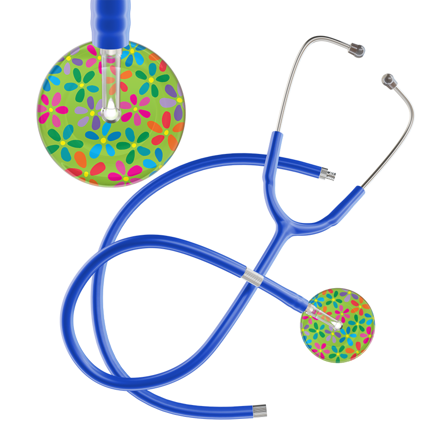 Ultrascope Single Stethoscope Lime Green Flower Power / Adult / Royal Blue Extended Tubing Light Flower Power Stethoscope