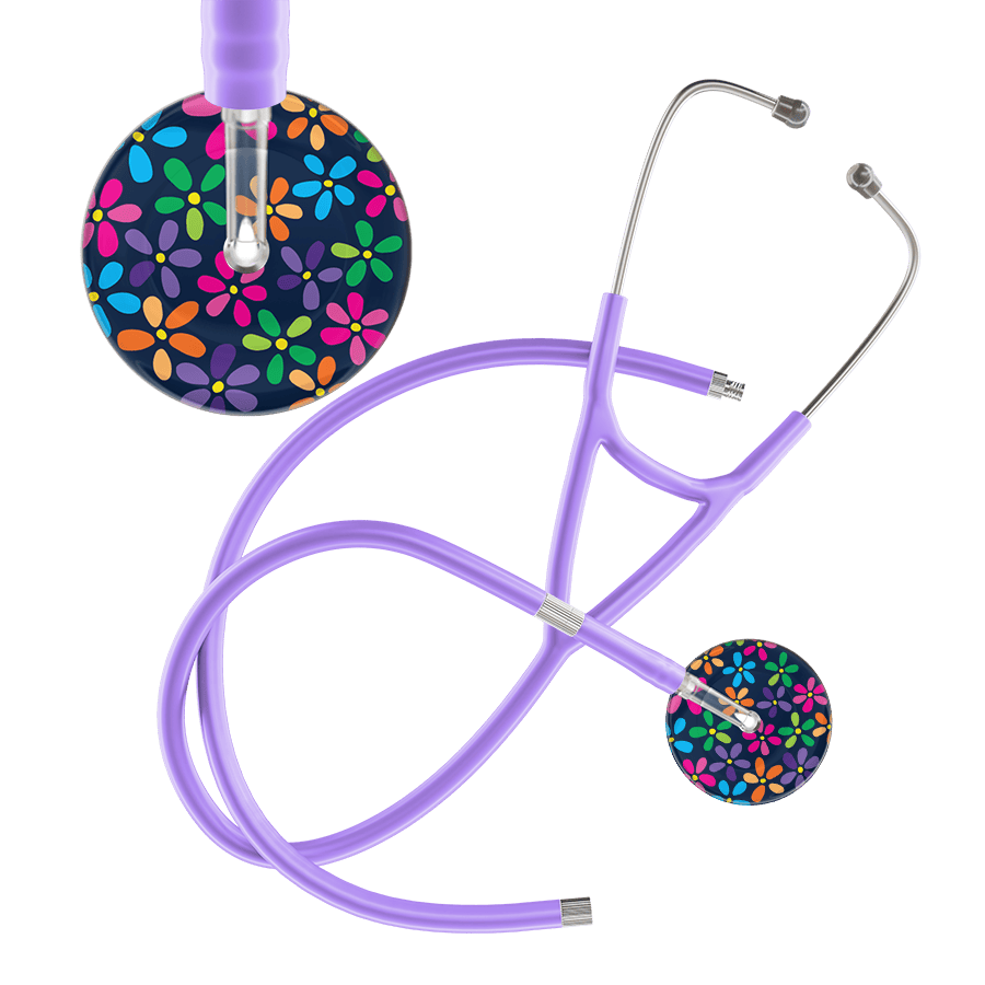Ultrascope Single Stethoscope Navy Flower Power / Adult / Lavender Extended Tubing Dark Flower Power Cardiology Stethoscope