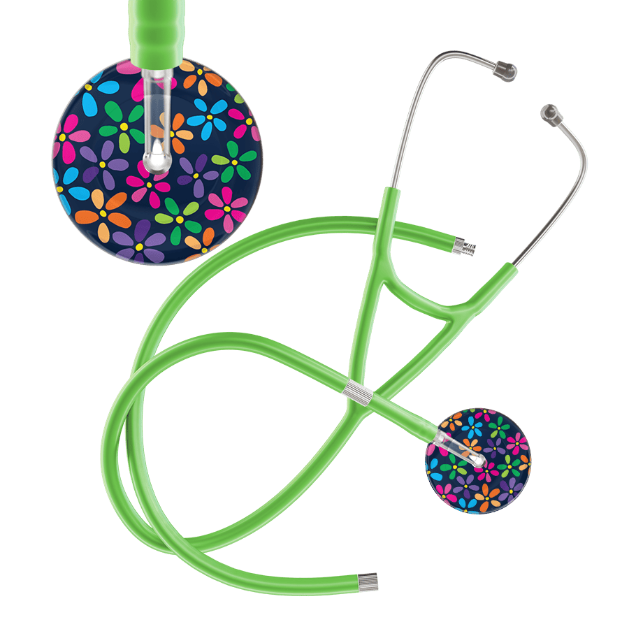 Ultrascope Single Stethoscope Navy Flower Power / Adult / Lime Green Extended Tubing Dark Flower Power Cardiology Stethoscope