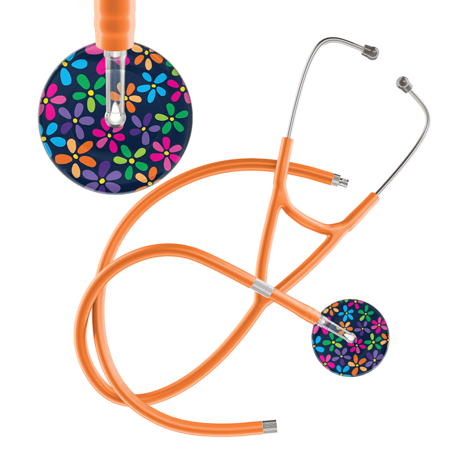 Ultrascope Single Stethoscope Navy Flower Power / Adult / Orange Extended Tubing Dark Flower Power Cardiology Stethoscope