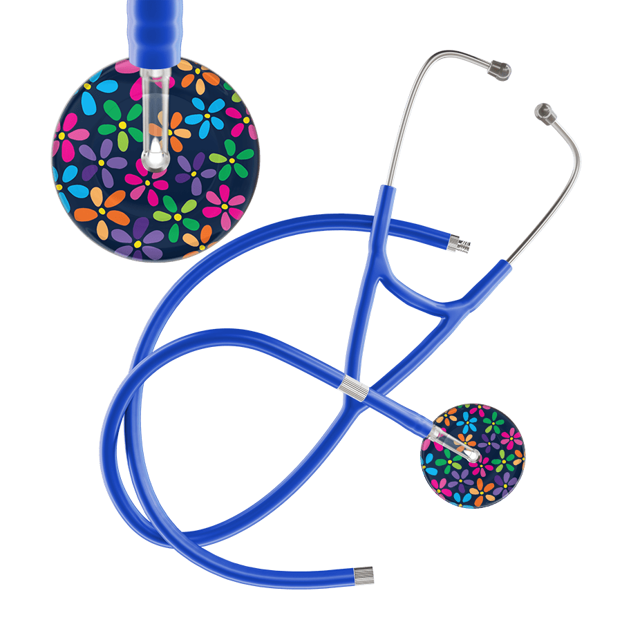 Ultrascope Single Stethoscope Navy Flower Power / Adult / Royal Blue Extended Tubing Dark Flower Power Cardiology Stethoscope
