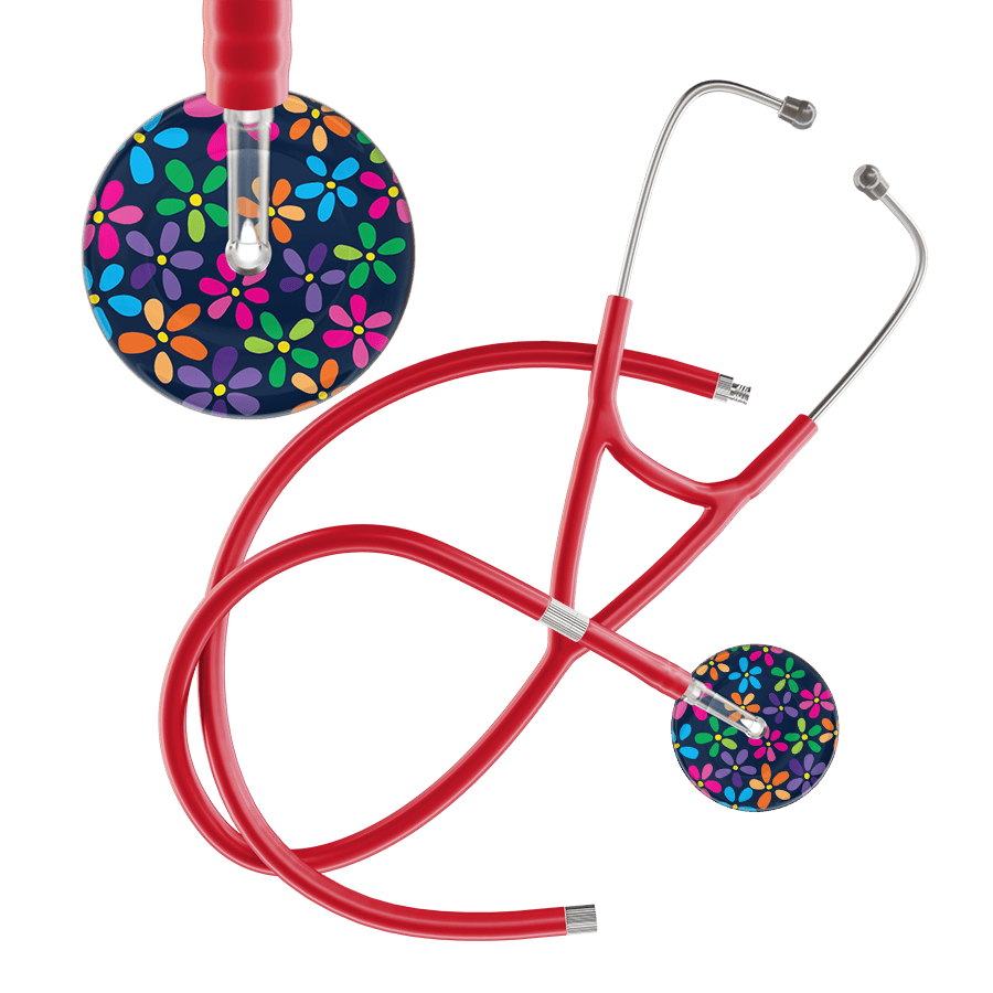Ultrascope Single Stethoscope Navy Flower Power / Adult / Red Extended Tubing Dark Flower Power Cardiology Stethoscope