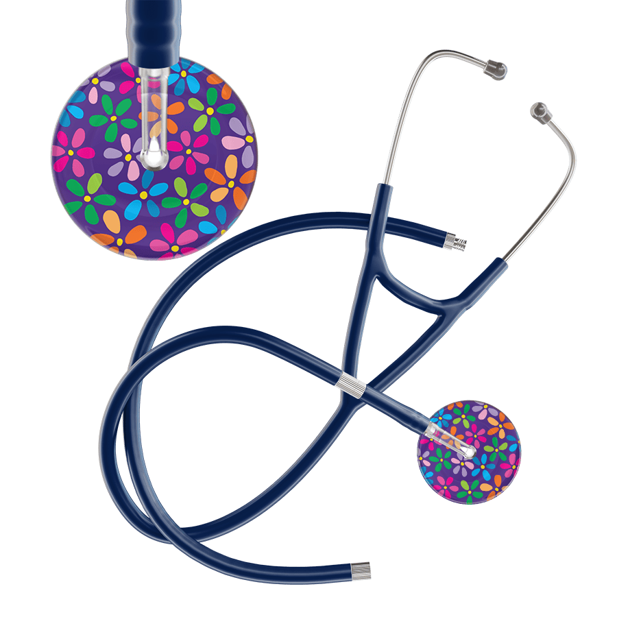Ultrascope Single Stethoscope Purple Flower Power / Adult / Navy Extended Tubing Dark Flower Power Cardiology Stethoscope
