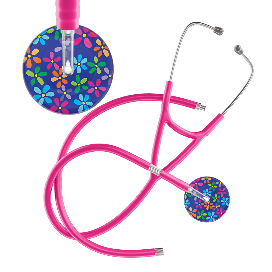 Ultrascope Single Stethoscope Royal Blue Flower Power / Adult / Hot Pink Extended Tubing Dark Flower Power Cardiology Stethoscope