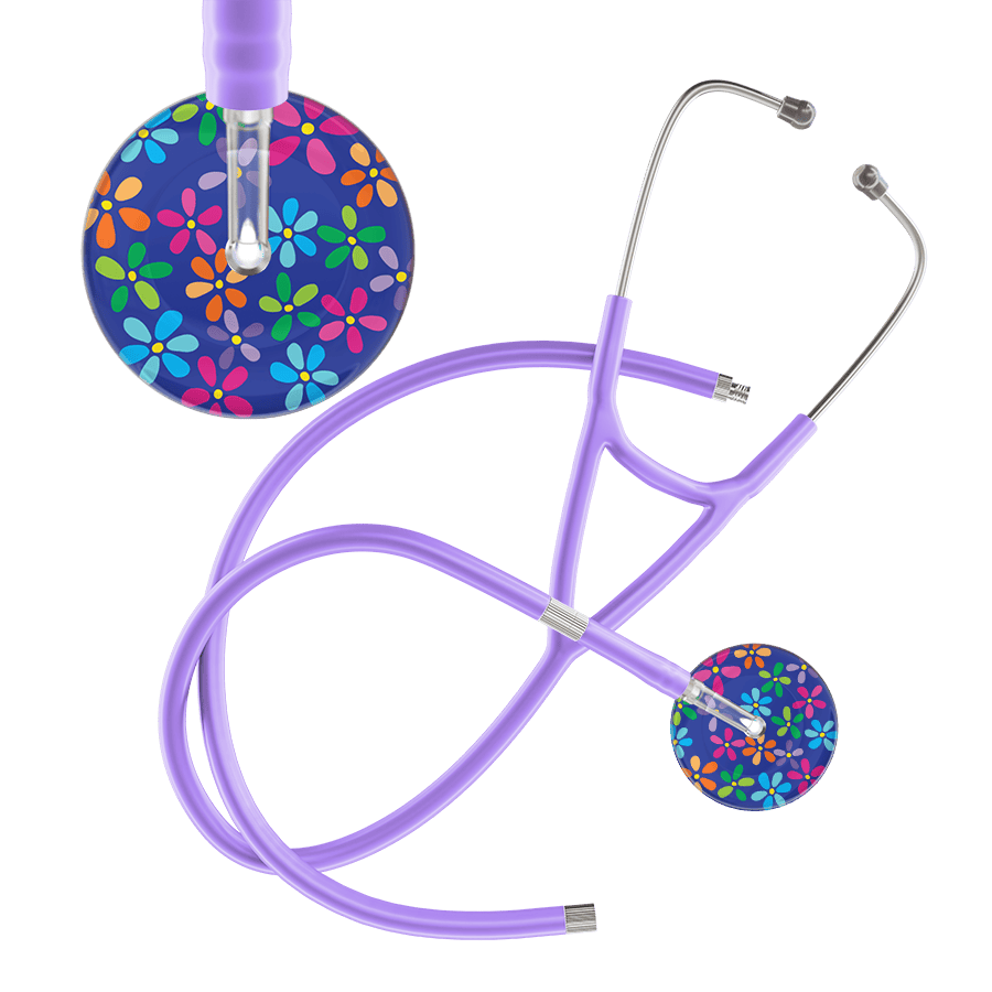Ultrascope Single Stethoscope Royal Blue Flower Power / Adult / Lavender Extended Tubing Dark Flower Power Cardiology Stethoscope