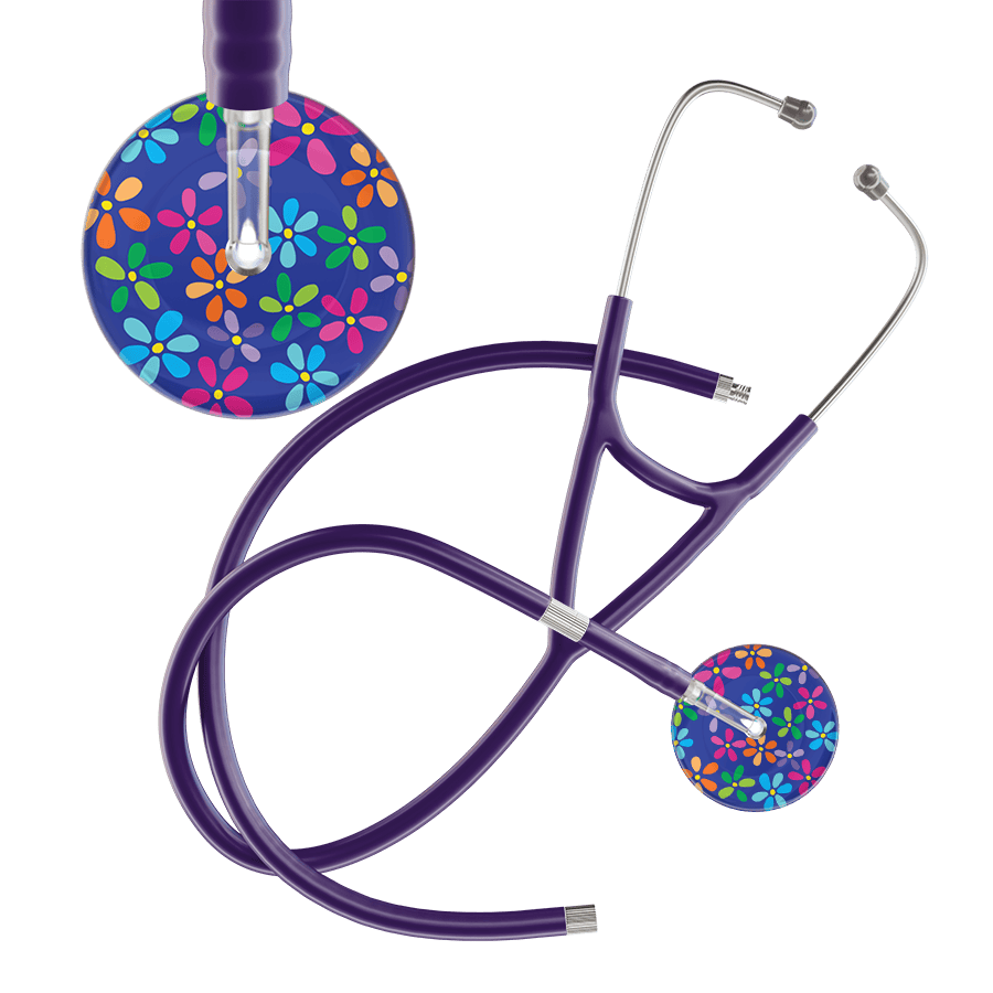 Ultrascope Single Stethoscope Royal Blue Flower Power / Adult / Purple Extended Tubing Dark Flower Power Cardiology Stethoscope