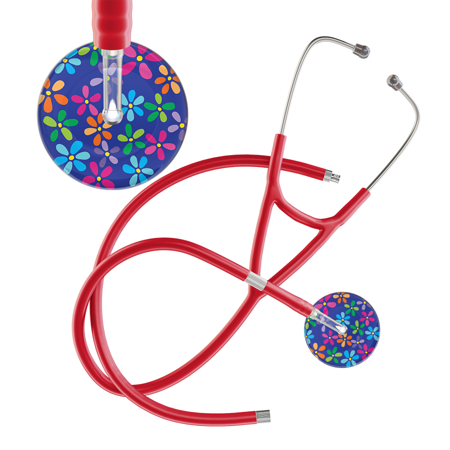 Ultrascope Single Stethoscope Royal Blue Flower Power / Adult / Red Extended Tubing Dark Flower Power Cardiology Stethoscope