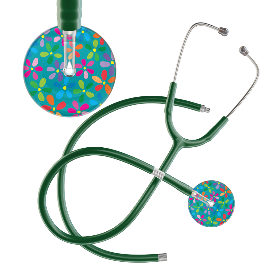 Ultrascope Single Stethoscope Teal Flower Power / Adult / Dark Green Extended Tubing Light Flower Power Stethoscope