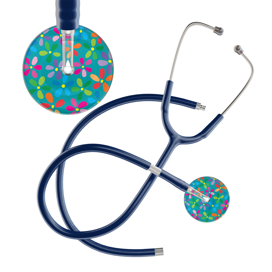 Ultrascope Single Stethoscope Teal Flower Power / Adult / Navy Extended Tubing Light Flower Power Stethoscope