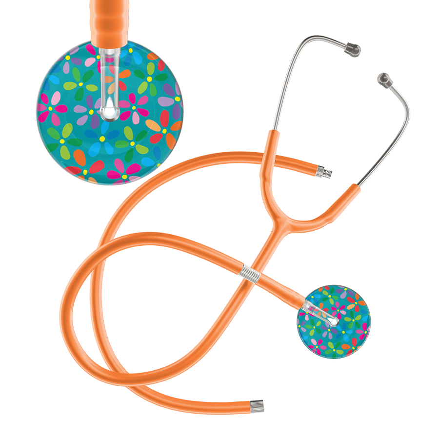 Ultrascope Single Stethoscope Teal Flower Power / Adult / Orange Extended Tubing Light Flower Power Stethoscope