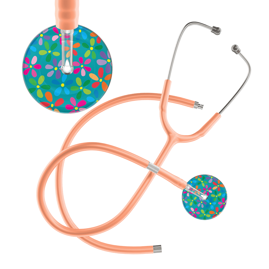 Ultrascope Single Stethoscope Teal Flower Power / Adult / Peach Extended Tubing Light Flower Power Stethoscope