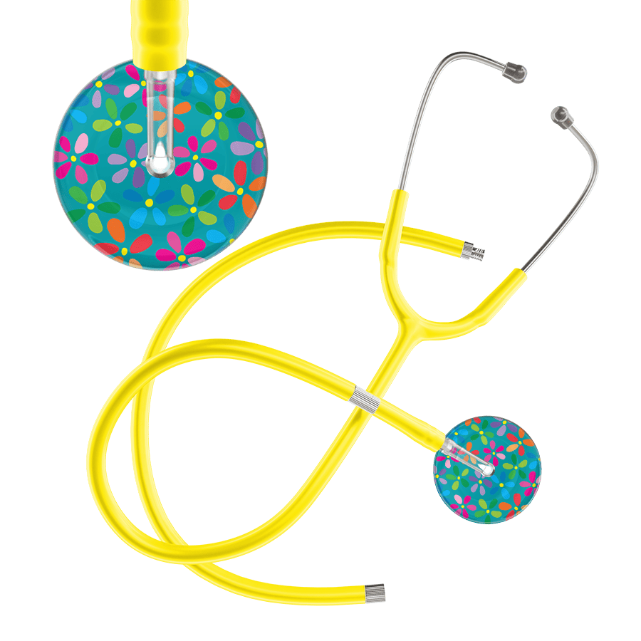 Ultrascope Single Stethoscope Teal Flower Power / Adult / Yellow Extended Tubing Light Flower Power Stethoscope
