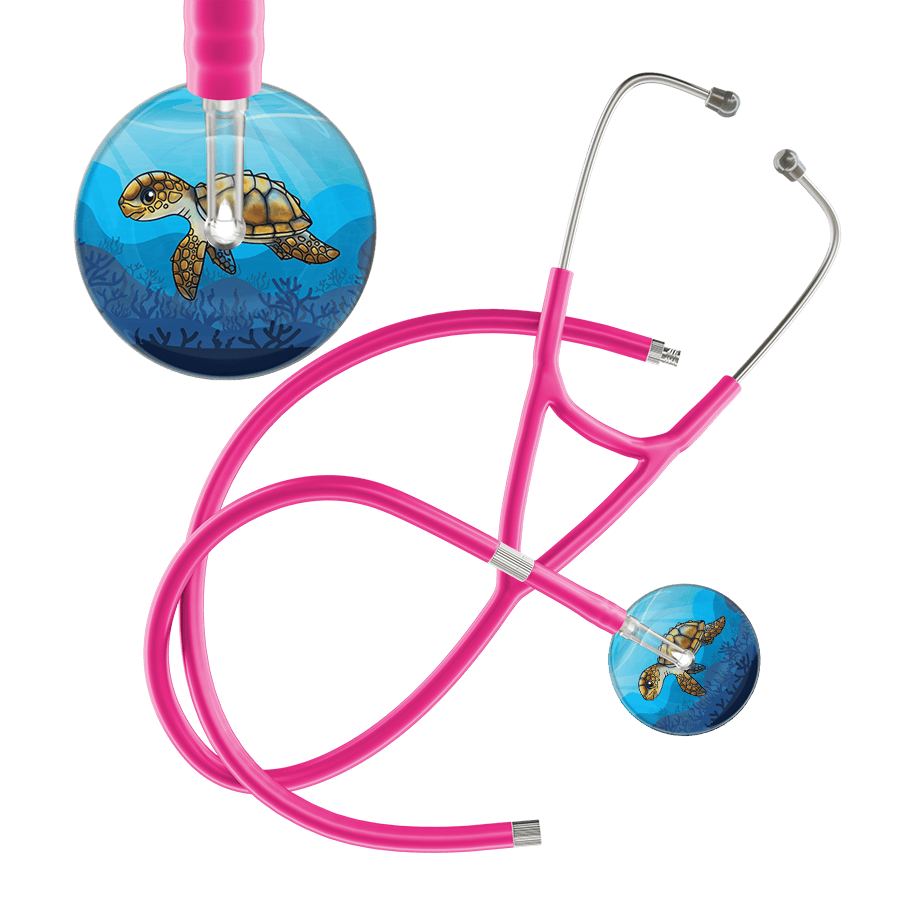 Ultrascope Single Stethoscope Sea Turtle / Adult / Hot Pink Extended Tubing Sea Turtle - Underwater Ocean Cardiology Stethoscope
