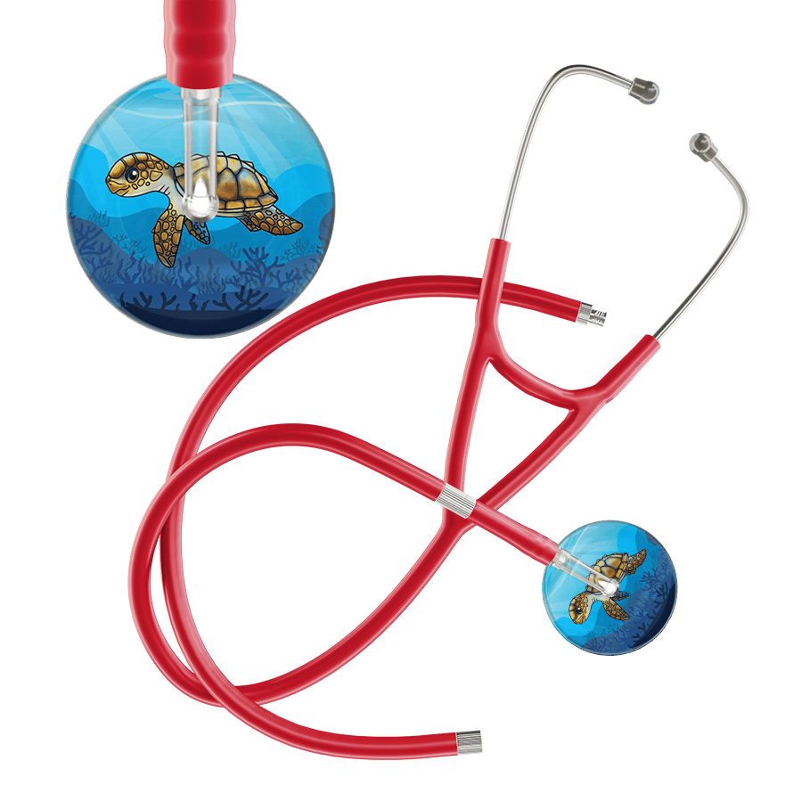 Ultrascope Single Stethoscope Sea Turtle / Adult / Red Extended Tubing Sea Turtle - Underwater Ocean Cardiology Stethoscope