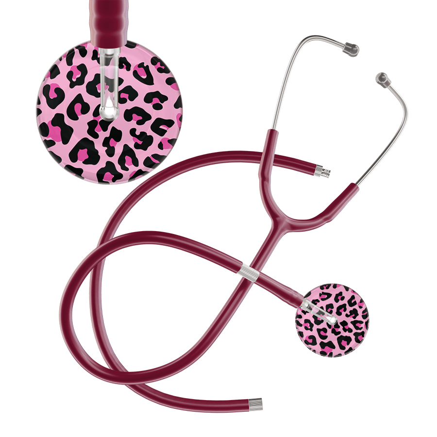 Ultrascope Single Stethoscope Hot Pink Leopard / Adult / Burgundy Extended Tubing Leopard Pattern Stethoscope - Leopard Print