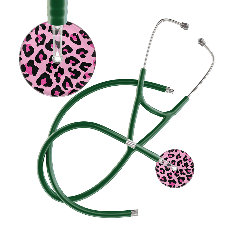 Ultrascope Single Stethoscope Hot Pink Leopard / Adult / Dark Green Extended Tubing Leopard Pattern Cardiology Stethoscope - Leopard Print