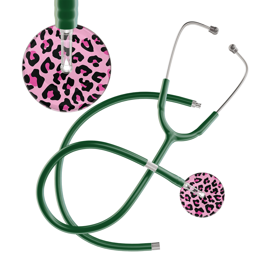 Ultrascope Single Stethoscope Hot Pink Leopard / Adult / Dark Green Extended Tubing Leopard Pattern Stethoscope - Leopard Print