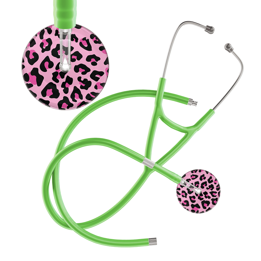 Ultrascope Single Stethoscope Hot Pink Leopard / Adult / Lime Green Extended Tubing Leopard Pattern Cardiology Stethoscope - Leopard Print