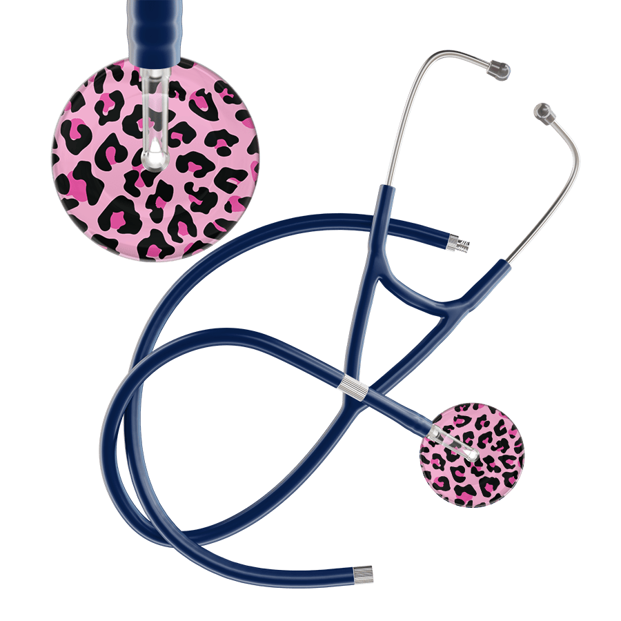Ultrascope Single Stethoscope Hot Pink Leopard / Adult / Navy Extended Tubing Leopard Pattern Cardiology Stethoscope - Leopard Print