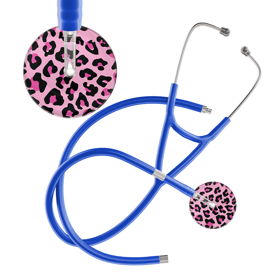 Ultrascope Single Stethoscope Hot Pink Leopard / Adult / Royal Blue Extended Tubing Leopard Pattern Cardiology Stethoscope - Leopard Print
