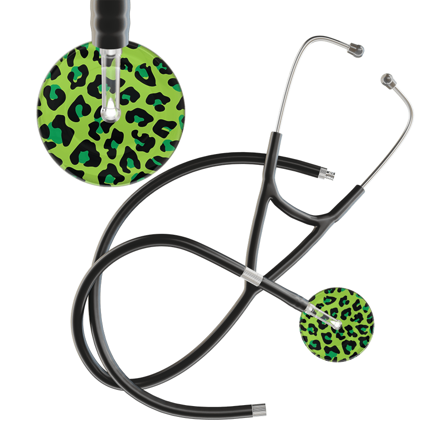 Ultrascope Single Stethoscope Lime Green Leopard / Adult / Black Extended Tubing Leopard Pattern Cardiology Stethoscope - Leopard Print