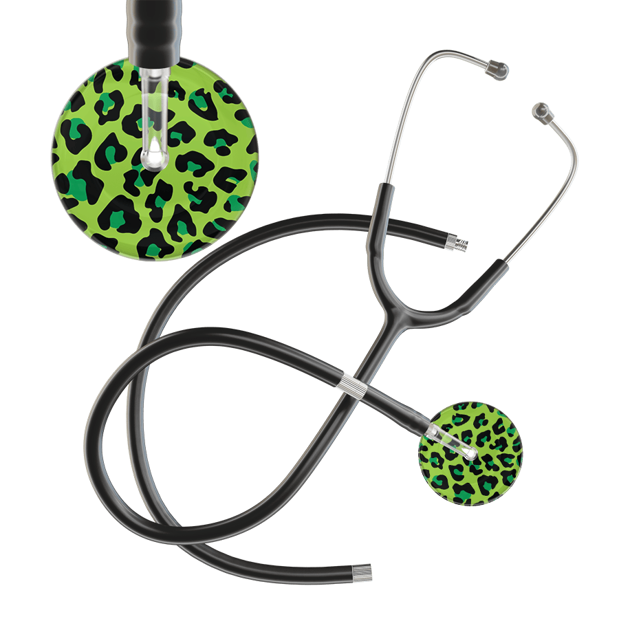 Ultrascope Single Stethoscope Lime Green Leopard / Adult / Black Extended Tubing Leopard Pattern Stethoscope - Leopard Print