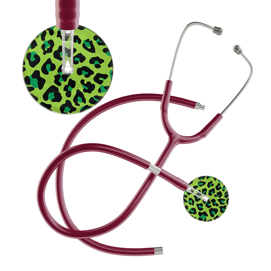 Ultrascope Single Stethoscope Lime Green Leopard / Adult / Burgundy Extended Tubing Leopard Pattern Stethoscope - Leopard Print