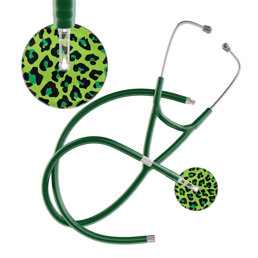 Ultrascope Single Stethoscope Lime Green Leopard / Adult / Dark Green Extended Tubing Leopard Pattern Cardiology Stethoscope - Leopard Print
