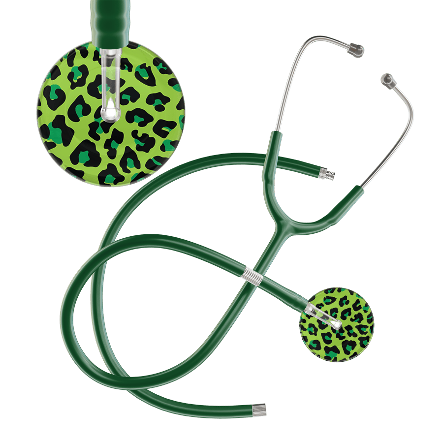 Ultrascope Single Stethoscope Lime Green Leopard / Adult / Dark Green Extended Tubing Leopard Pattern Stethoscope - Leopard Print