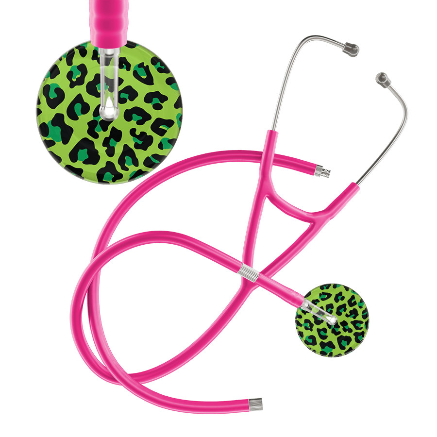 Ultrascope Single Stethoscope Lime Green Leopard / Adult / Hot Pink Extended Tubing Leopard Pattern Cardiology Stethoscope - Leopard Print