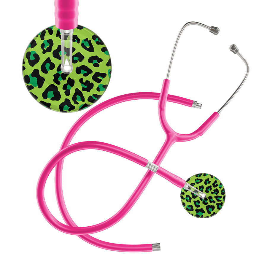 Ultrascope Single Stethoscope Lime Green Leopard / Adult / Hot Pink Extended Tubing Leopard Pattern Stethoscope - Leopard Print