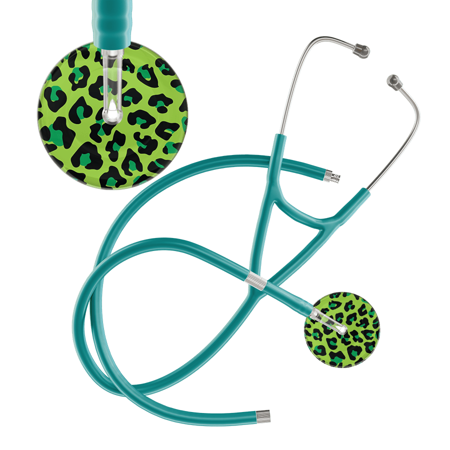Ultrascope Single Stethoscope Lime Green Leopard / Adult / Jade Extended Tubing Leopard Pattern Cardiology Stethoscope - Leopard Print