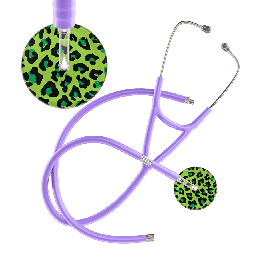 Ultrascope Single Stethoscope Lime Green Leopard / Adult / Lavender Extended Tubing Leopard Pattern Cardiology Stethoscope - Leopard Print