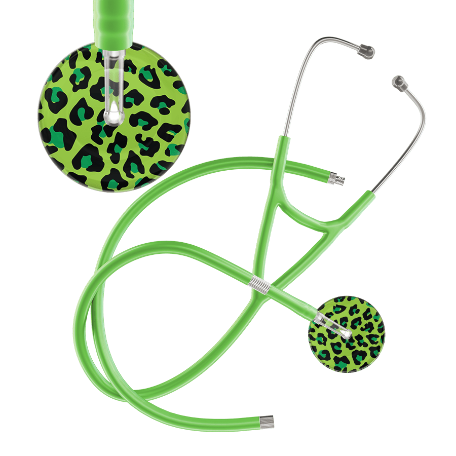 Ultrascope Single Stethoscope Lime Green Leopard / Adult / Lime Green Extended Tubing Leopard Pattern Cardiology Stethoscope - Leopard Print