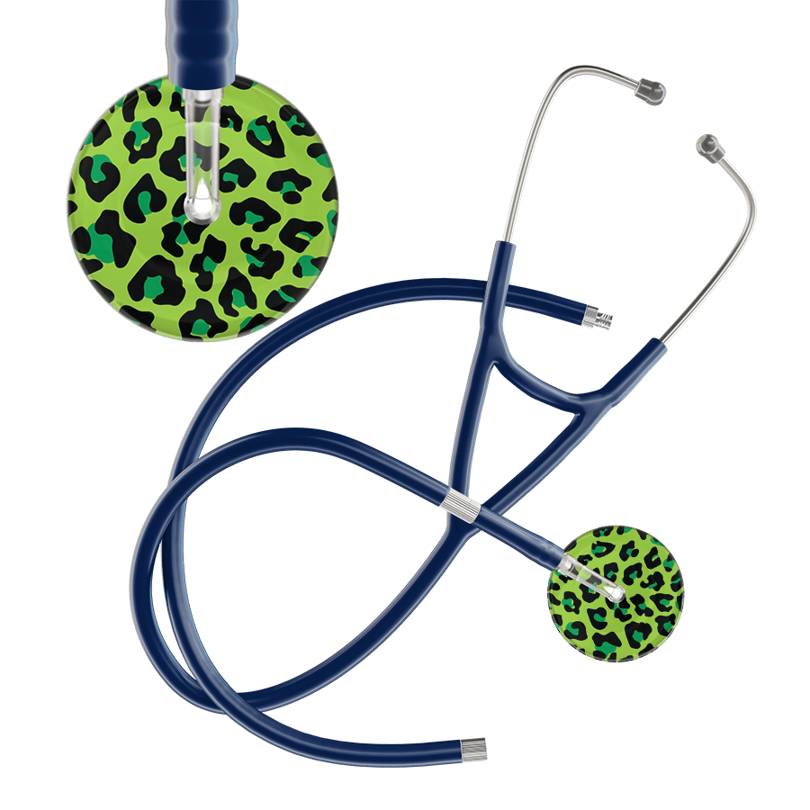 Ultrascope Single Stethoscope Lime Green Leopard / Adult / Navy Extended Tubing Leopard Pattern Cardiology Stethoscope - Leopard Print