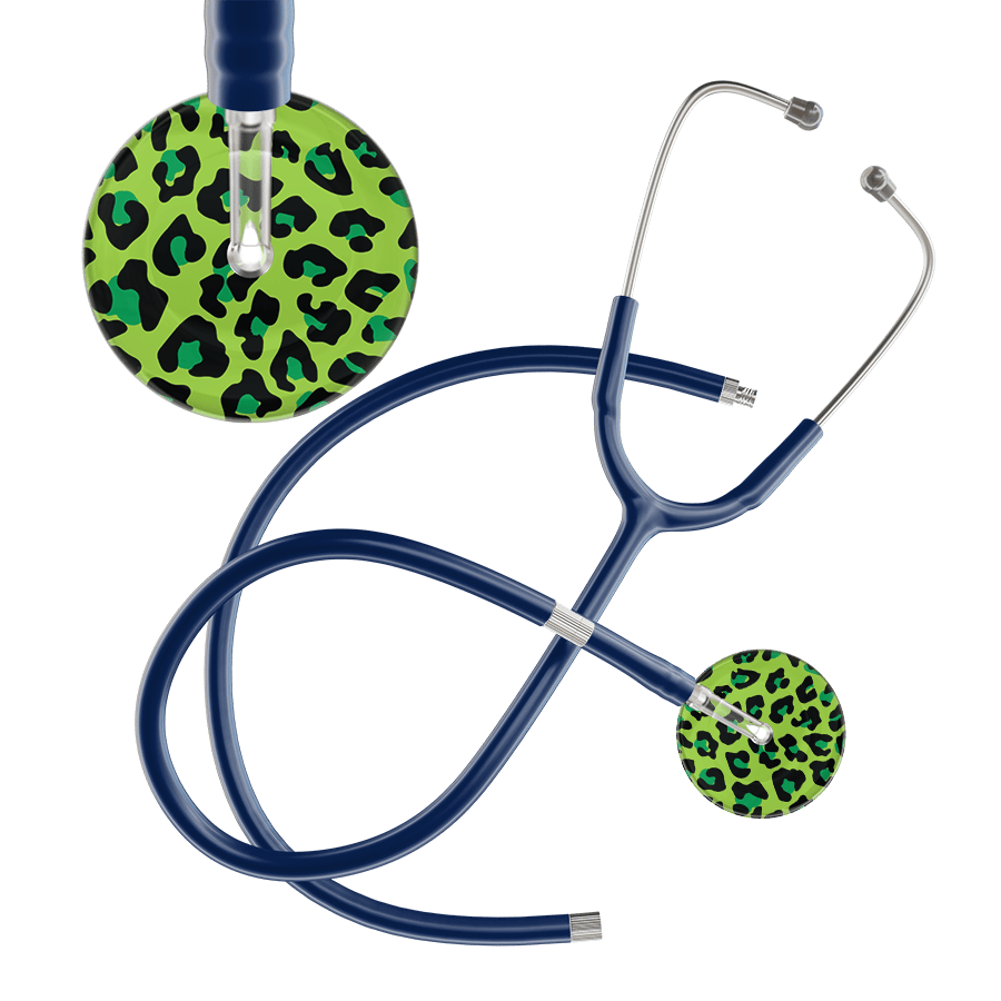 Ultrascope Single Stethoscope Lime Green Leopard / Adult / Navy Extended Tubing Leopard Pattern Stethoscope - Leopard Print