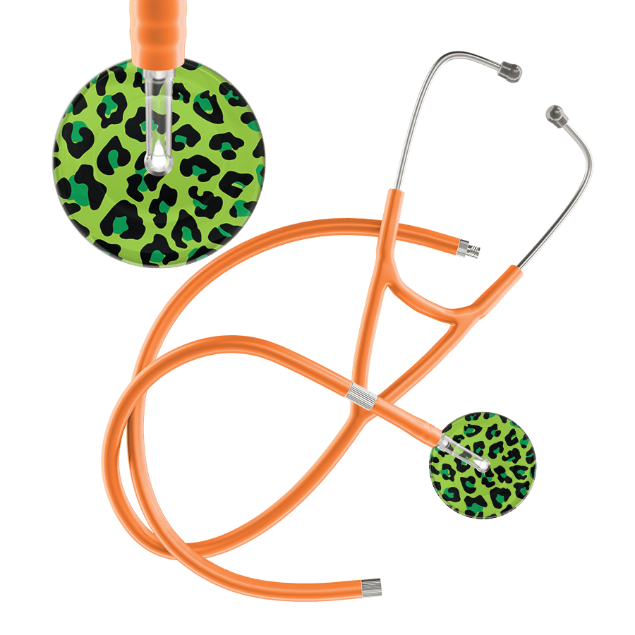 Ultrascope Single Stethoscope Lime Green Leopard / Adult / Orange Extended Tubing Leopard Pattern Cardiology Stethoscope - Leopard Print