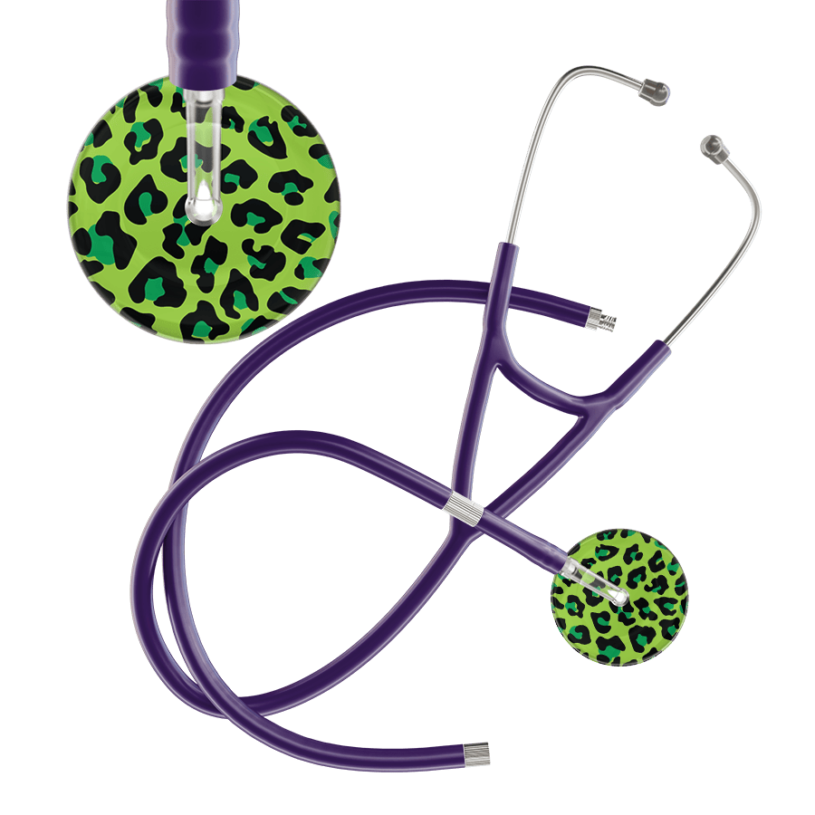 Ultrascope Single Stethoscope Lime Green Leopard / Adult / Purple Extended Tubing Leopard Pattern Cardiology Stethoscope - Leopard Print