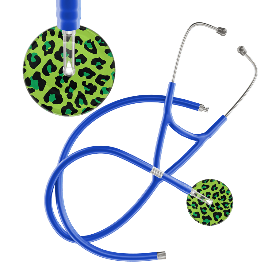 Ultrascope Single Stethoscope Lime Green Leopard / Adult / Royal Blue Extended Tubing Leopard Pattern Cardiology Stethoscope - Leopard Print