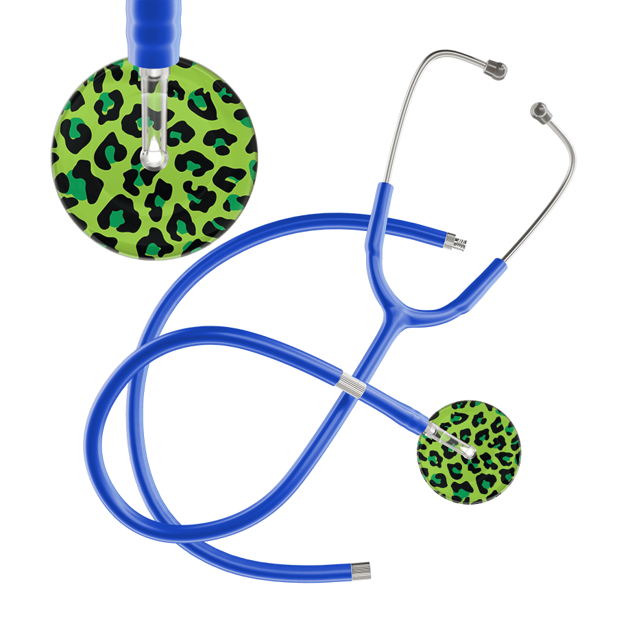 Ultrascope Single Stethoscope Lime Green Leopard / Adult / Royal Blue Extended Tubing Leopard Pattern Stethoscope - Leopard Print