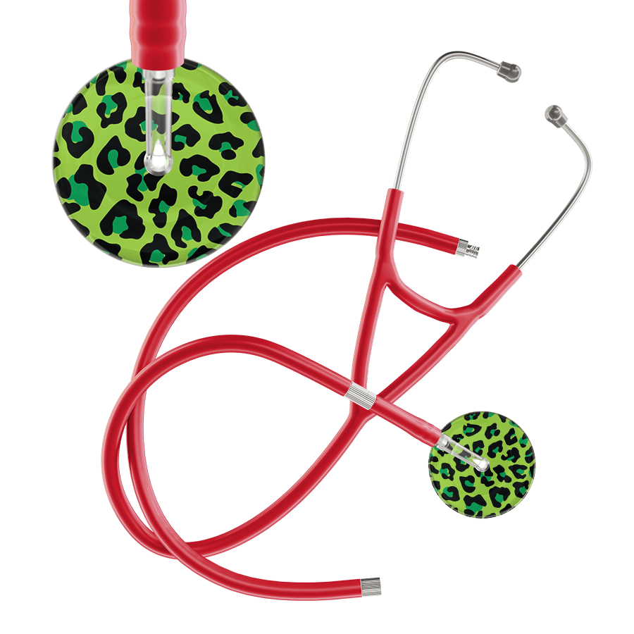 Ultrascope Single Stethoscope Lime Green Leopard / Adult / Red Extended Tubing Leopard Pattern Cardiology Stethoscope - Leopard Print