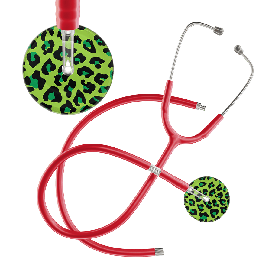 Ultrascope Single Stethoscope Lime Green Leopard / Adult / Red Extended Tubing Leopard Pattern Stethoscope - Leopard Print
